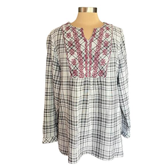 Westbound Plus Size Bohemian Popover Blouse Plaid Embroidered Sz 1X Casual Fall - Picture 1 of 7